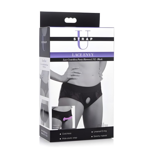 Arnés de Panty Crotchless Envy de Encaje Negro - L/XL