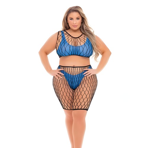 Pink Lipstick Brace For Impact Large Fishnet Top, Shorts, Bra & Thong (fits Up To 3x) Neon Blue Qn