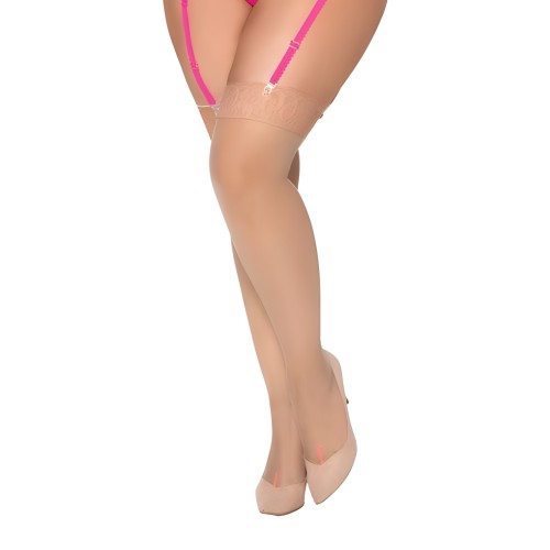 Mesh Thigh High Stockings W/hot Pink Back Seam Nude Qn