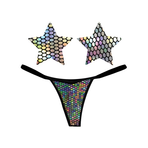G-string Holográfico Neva Nude y Pasties - Negro O/S