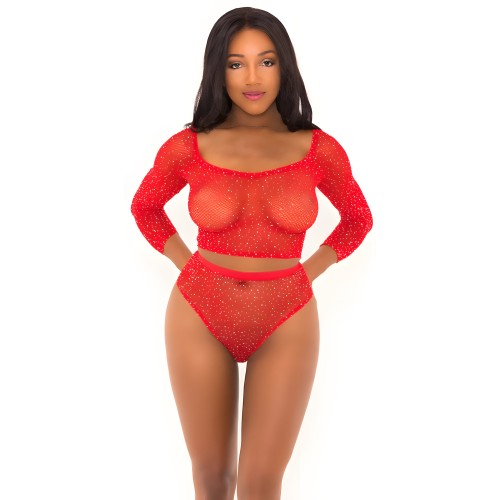 Top Corto con Rhinestones y Panty a Juego Rojo O/S