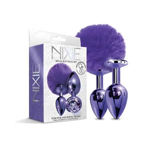Nixie Metal Butt Plug Set Pom Pom And Jewel-inlaid Metallic Purple