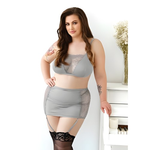 Curve Layne Lace Panel Bralette, Matching Gartered Skirt & G-string Panty 3x/4x Gray