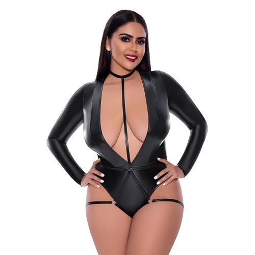 Teddy de Seda Mágica Liquid Onyx de Manga Larga Con Cuerpo de Arnés Negro Reina