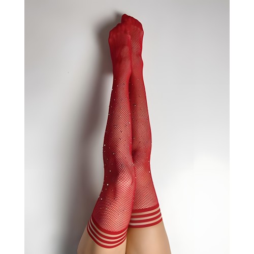 Kixies Red Fishnet Rhinestone Thigh High Size A