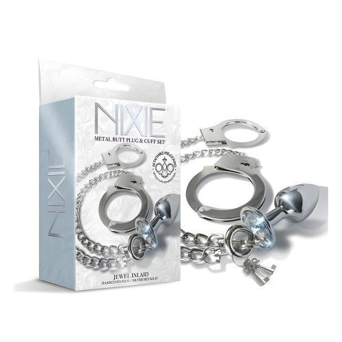 Nixie Metal Butt Plug & Handcuffs Set Silver