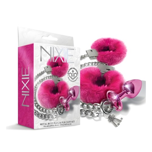 Set de Plug Anal y Esposas Peludas Nixie Rosa Metálico