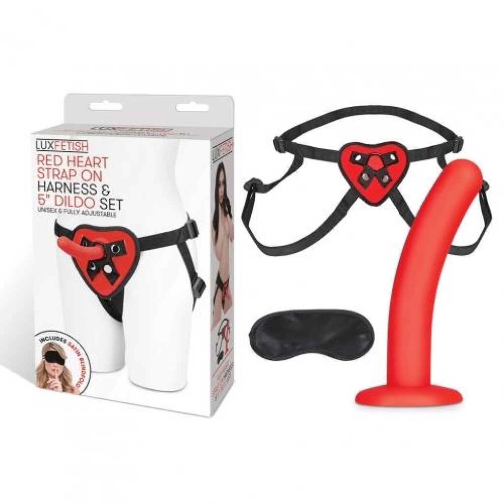 Lux Fetish Red Heart Strap On Harness & 5in Dildo Set - Electric / Hustler Lingerie