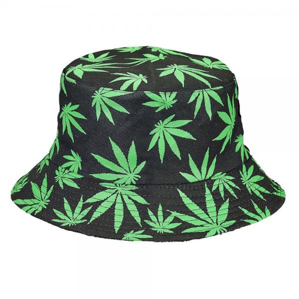 Black Bucket Hat W/ Green Leaves - Fsh