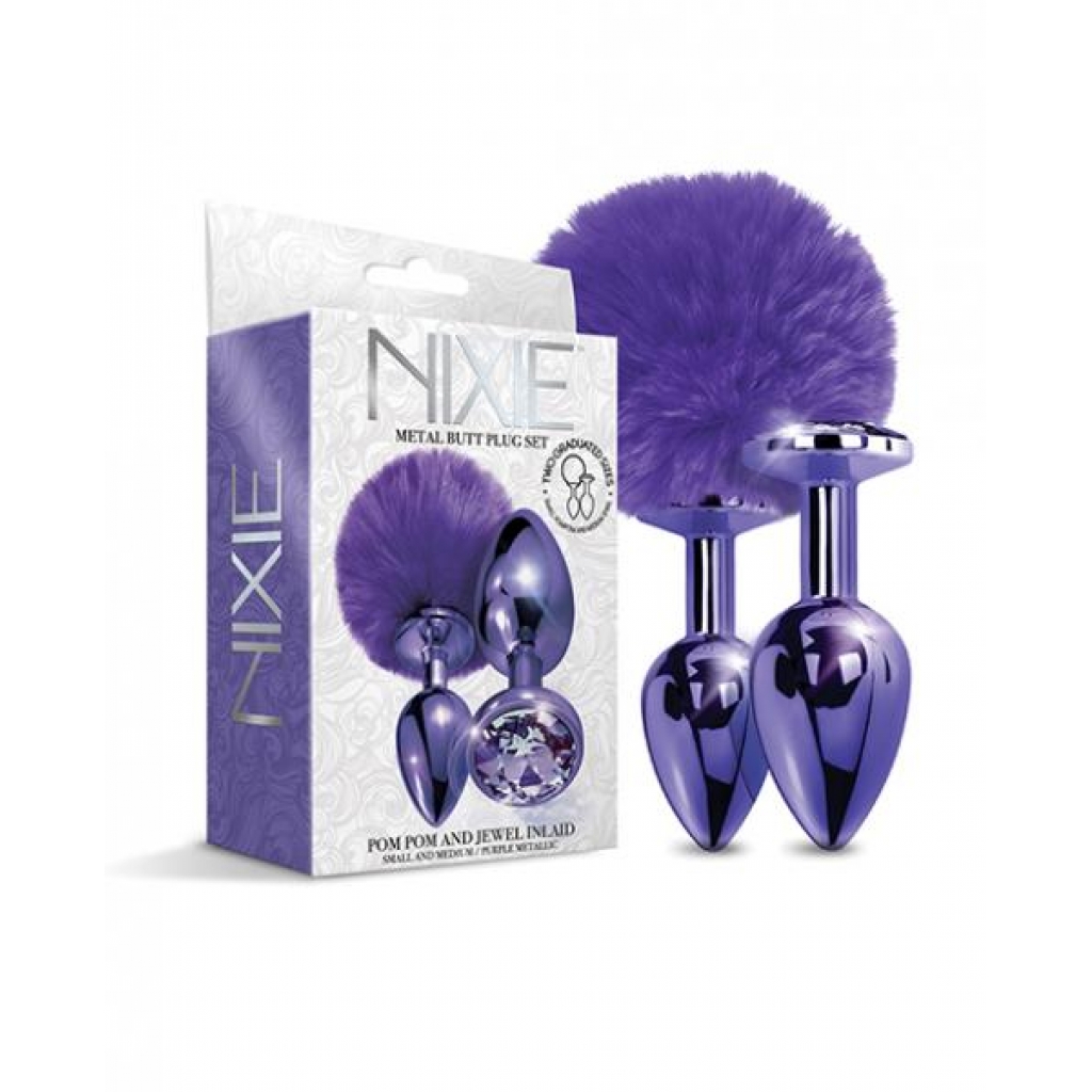 Nixie Metal Butt Plug Set Pom Pom & Jewel Purple Metallic - Global Novelties