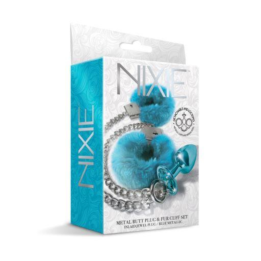 Nixie Metal Plug & Furry Cuff Set Blue Metallic - Global Novelties