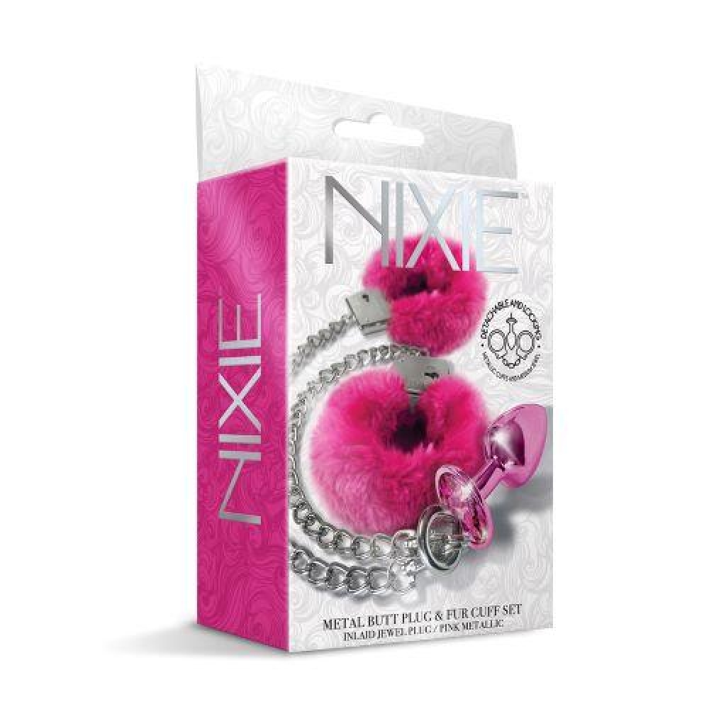 Nixie Metal Plug & Furry Cuff Set Pink Metallic - Global Novelties