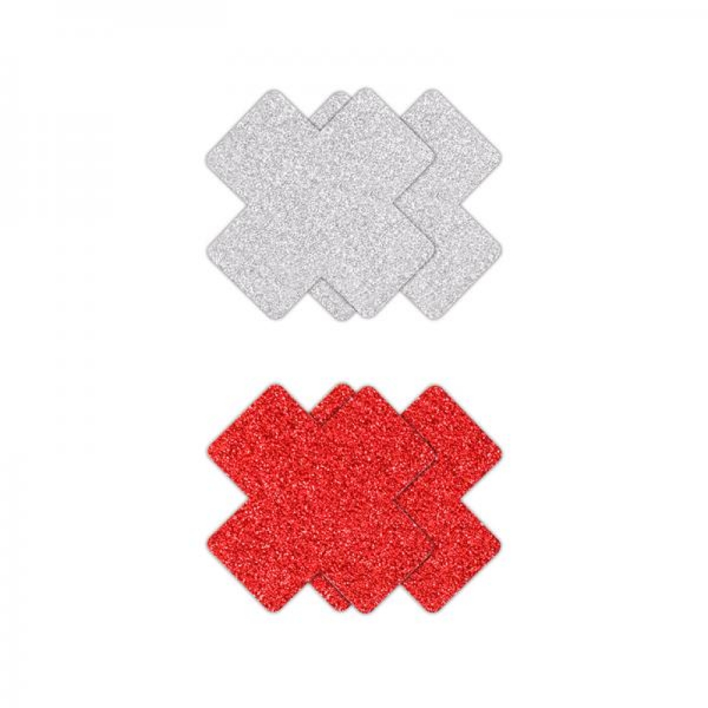 Pretty Pasties Glitter Cross Red/silver 2 Pair - Ns Novelties