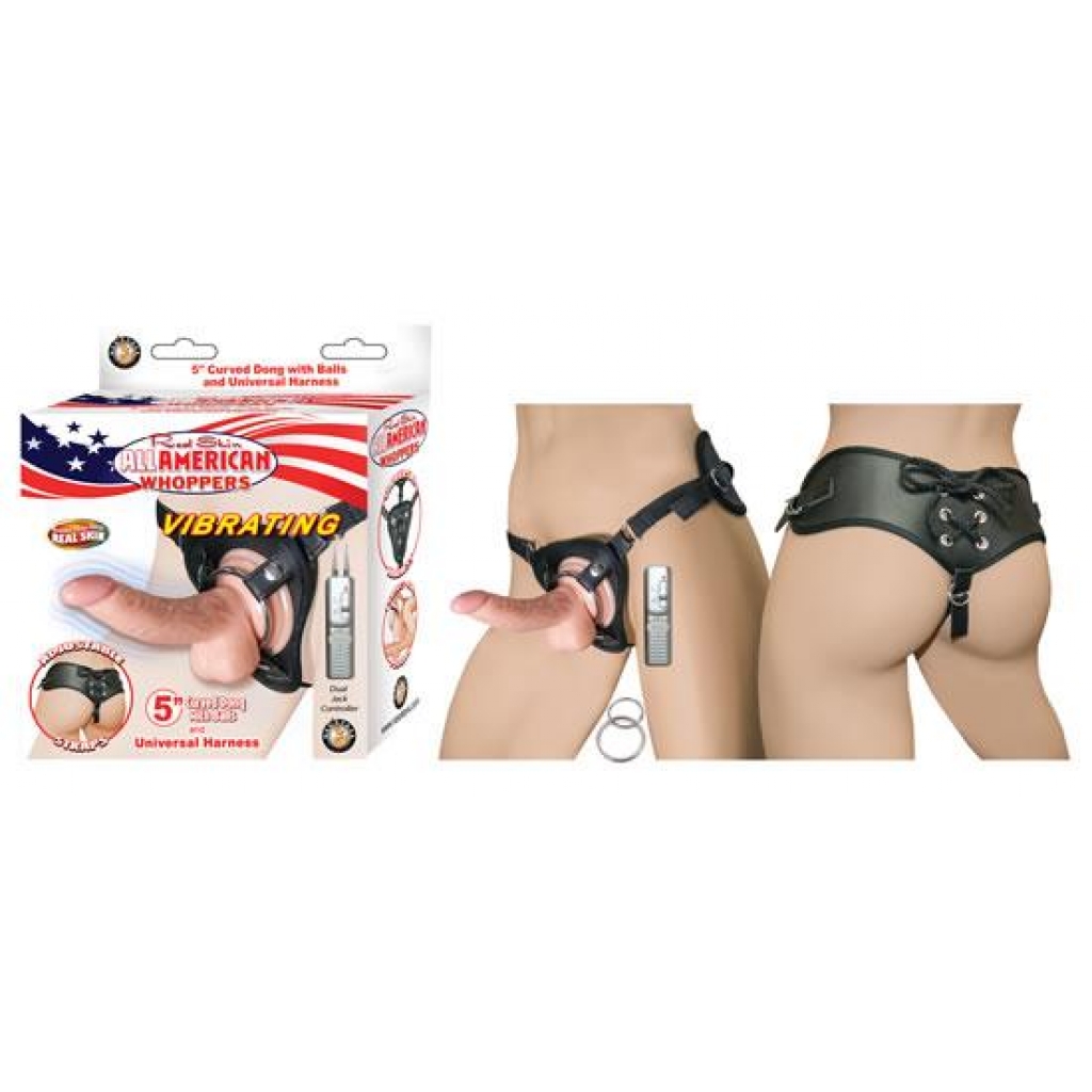 All American Whoppers 5 inches Vibrating Curved Dong, Balls Beige & Universal Harness - Nasstoys
