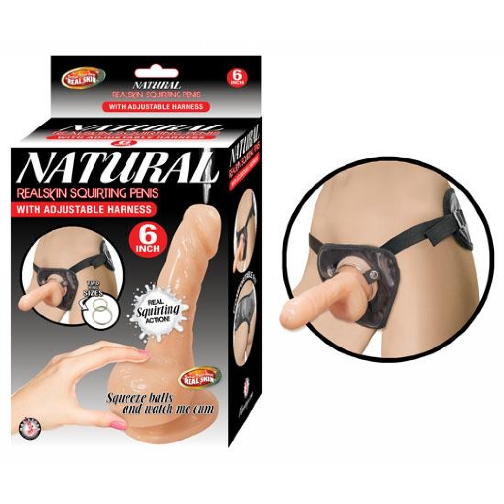 Natural Realskin Squirting Penis W/ Adjustable Harness 6in Flesh - Nasstoys