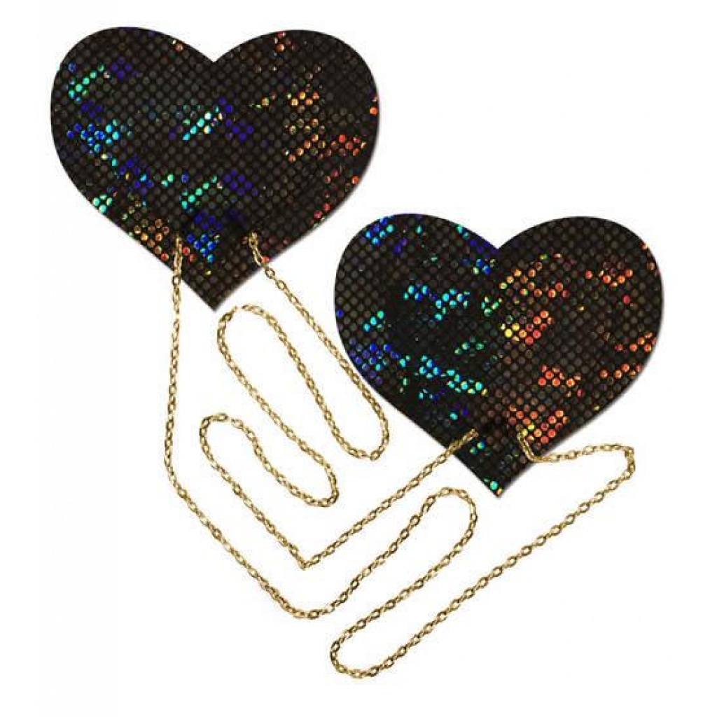 Black Shattered Disco Ball Heart With Gold Chains Pasties - Pastease