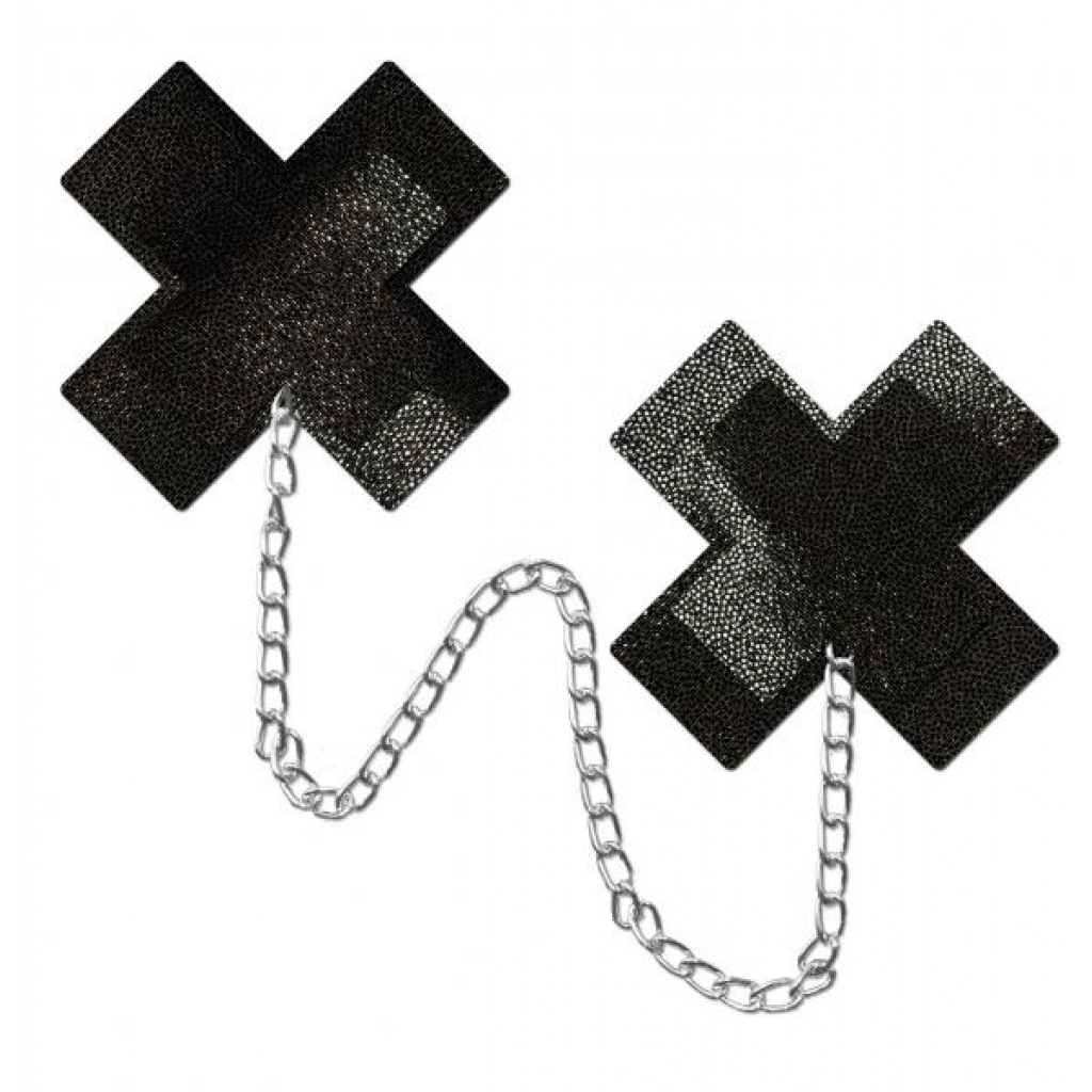 Pastease Chains Liquid Black X Cross W/ Chunky Silver Chain Nipple Pasties - Pastease