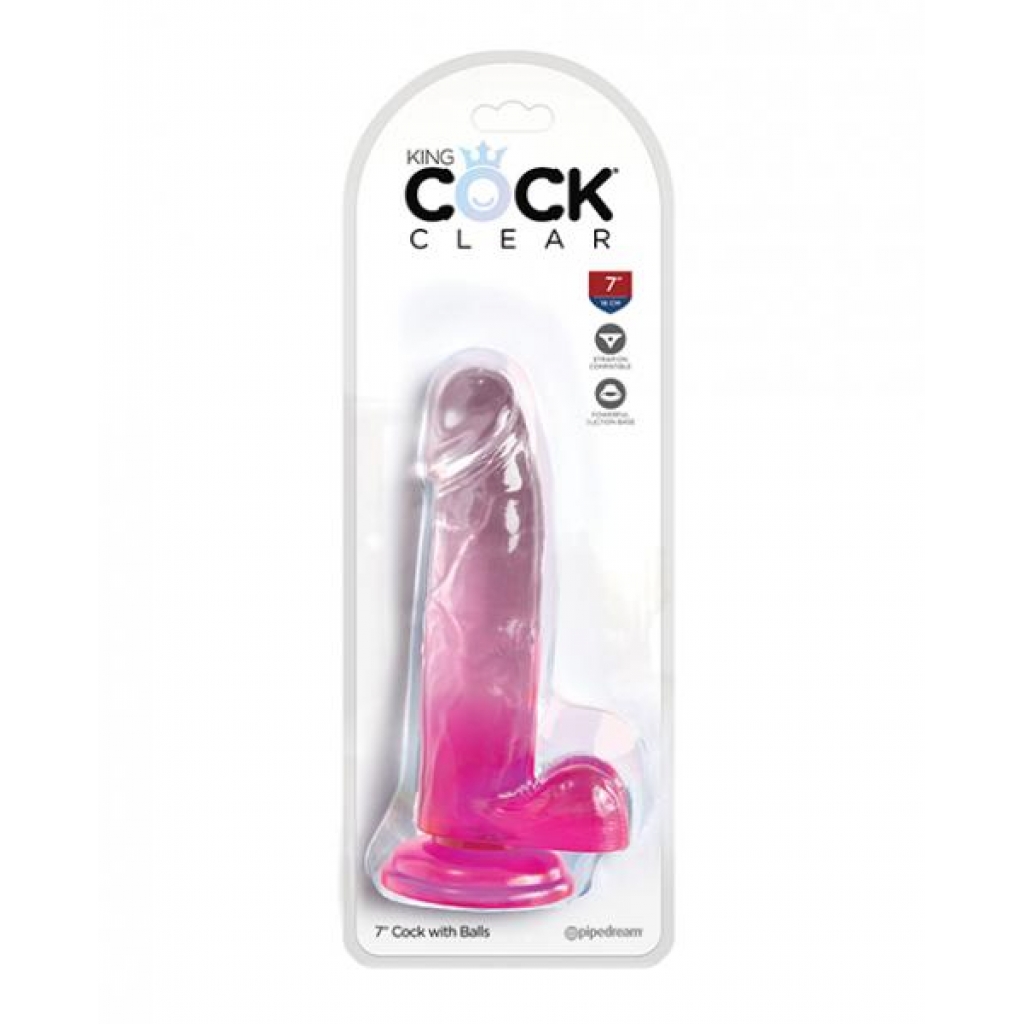 King Cock Clear 7in W/ Balls Pink - Pipedream Products