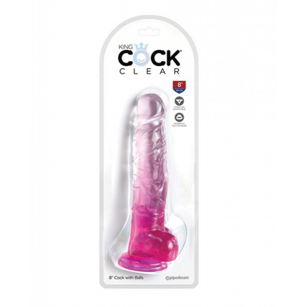 King Cock Clear 8in W/ Balls Pink - Pipedream Products