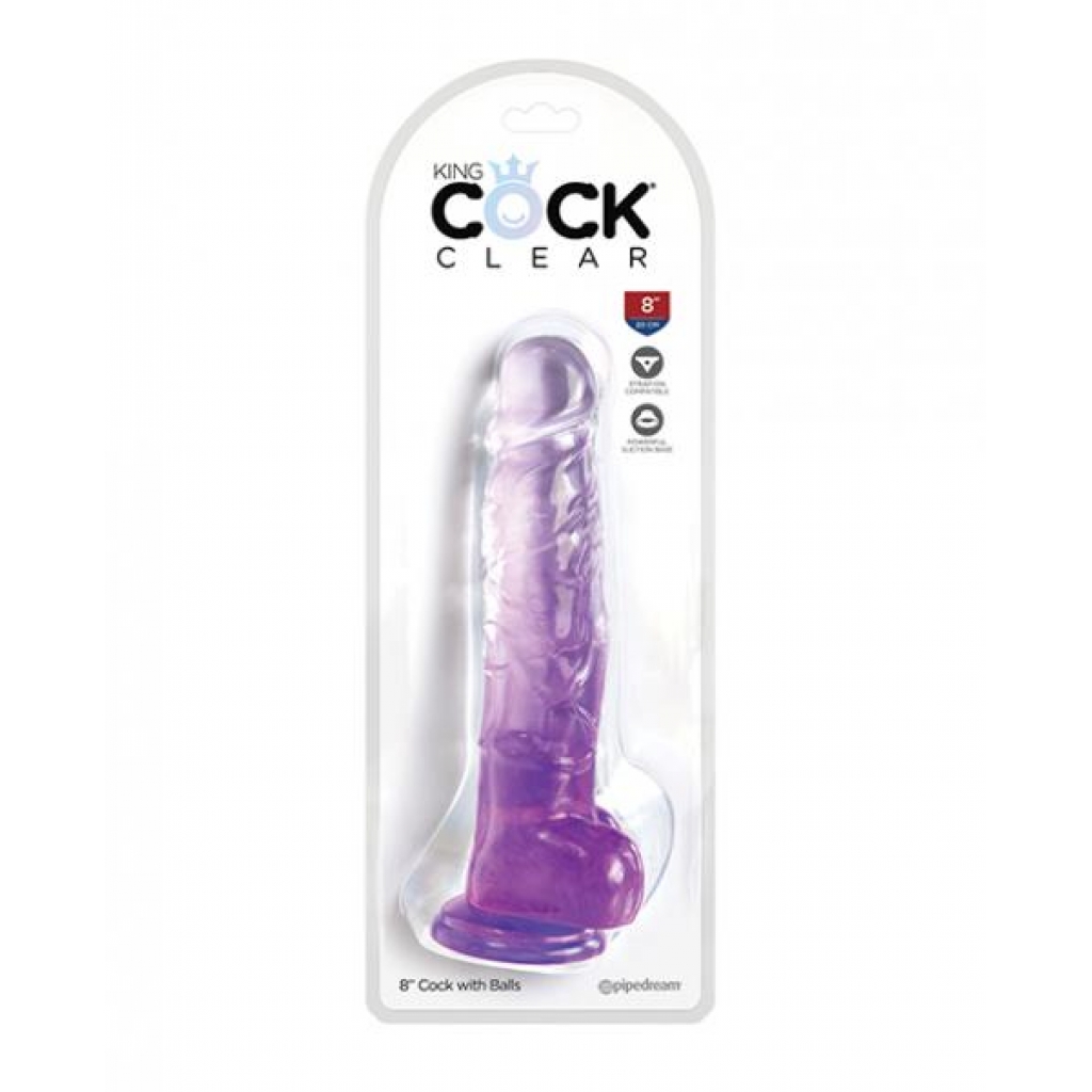 King Cock Clear 8in W/ Balls Purple - Pipedream Products