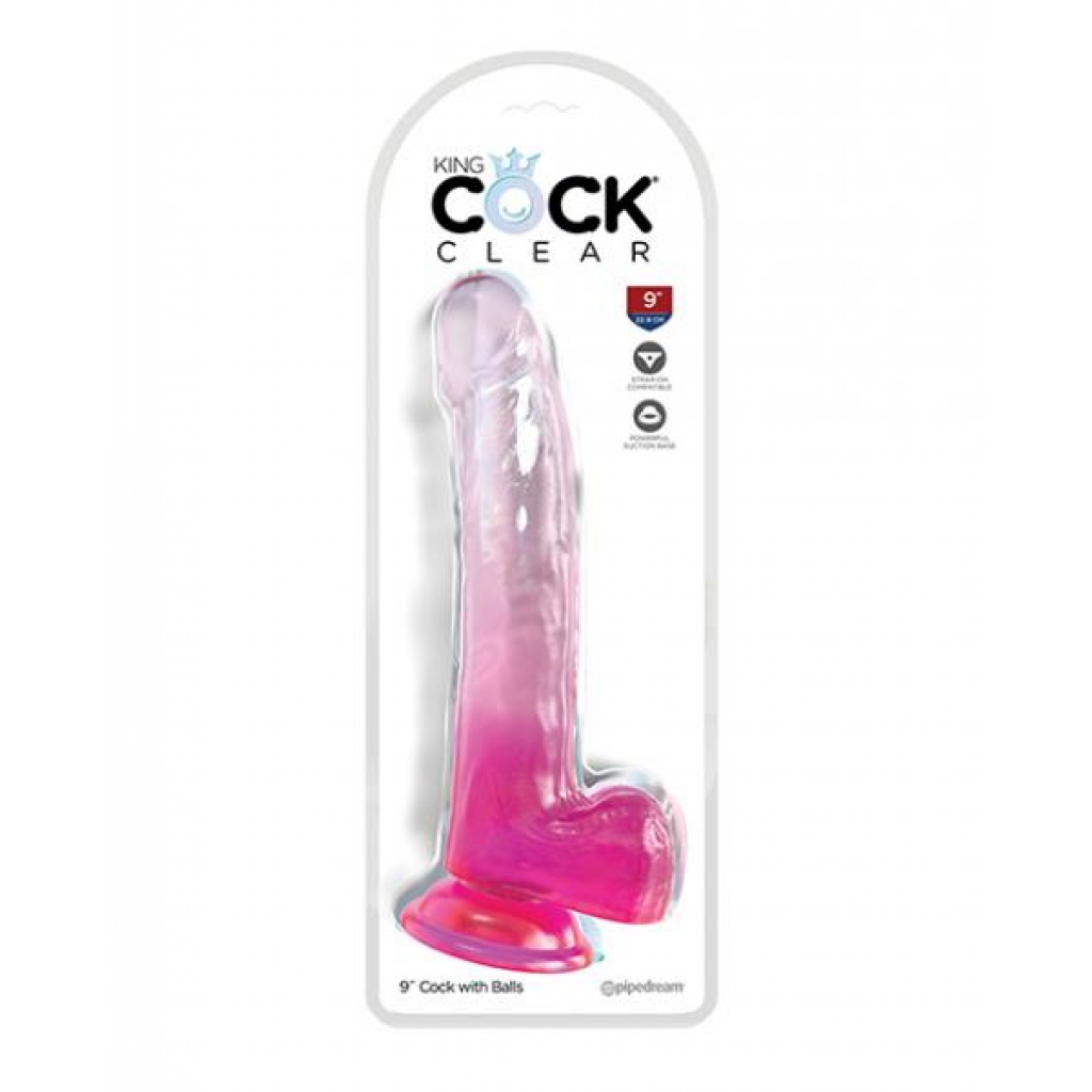 King Cock Clear 9in W/ Balls Pink - Pipedream Products