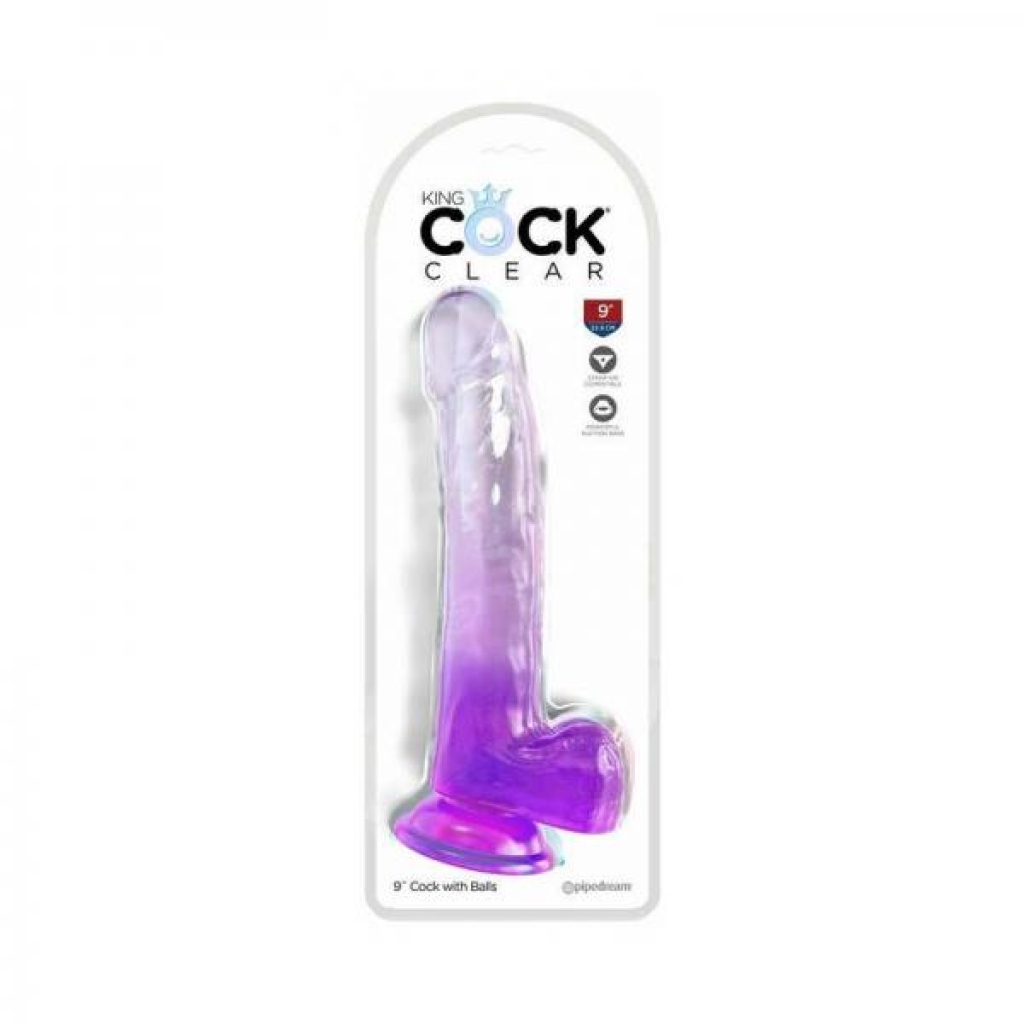 King Cock Clear 9in W/ Balls Purple - Pipedream Products