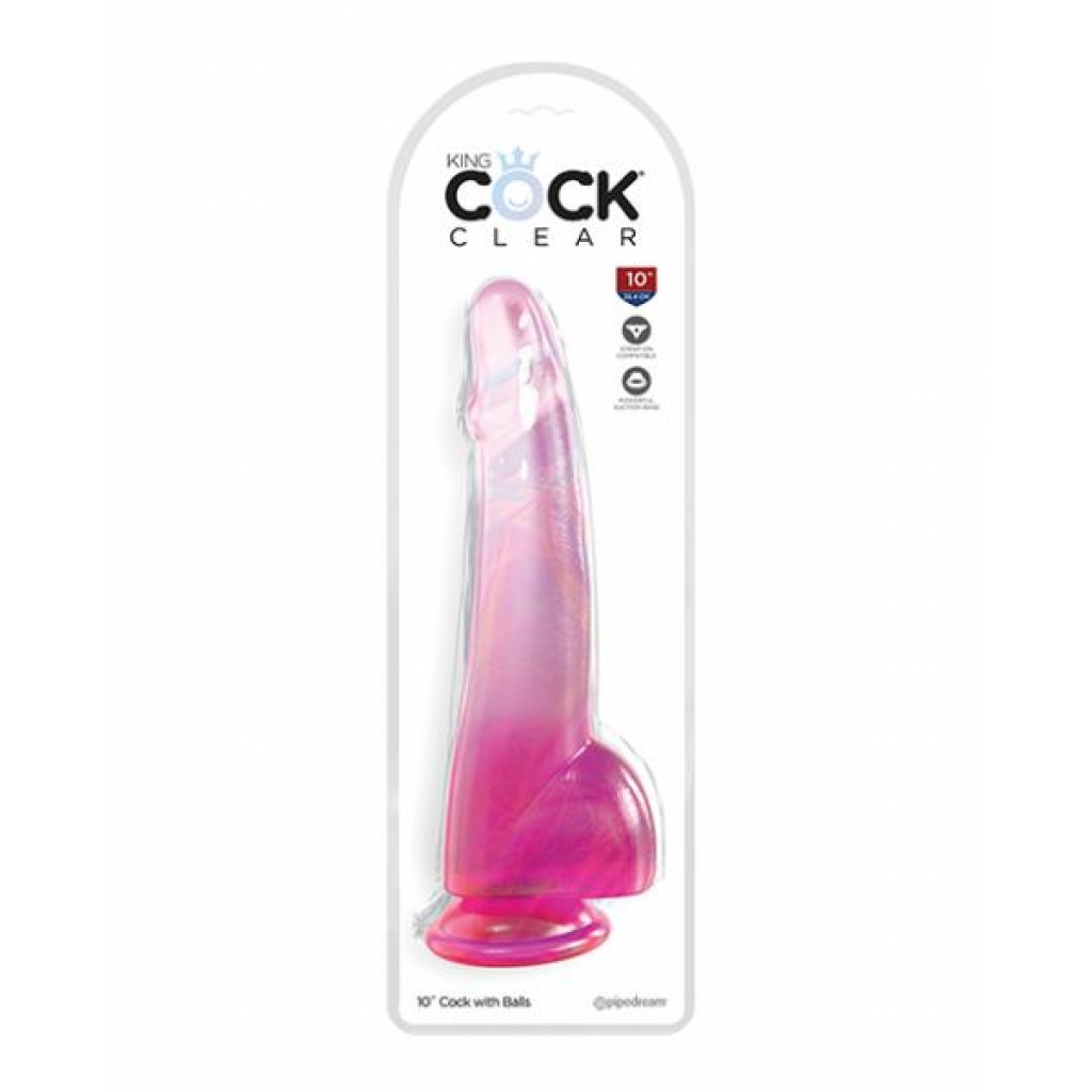 King Cock Clear 10in W/ Balls Pink - Pipedream Products