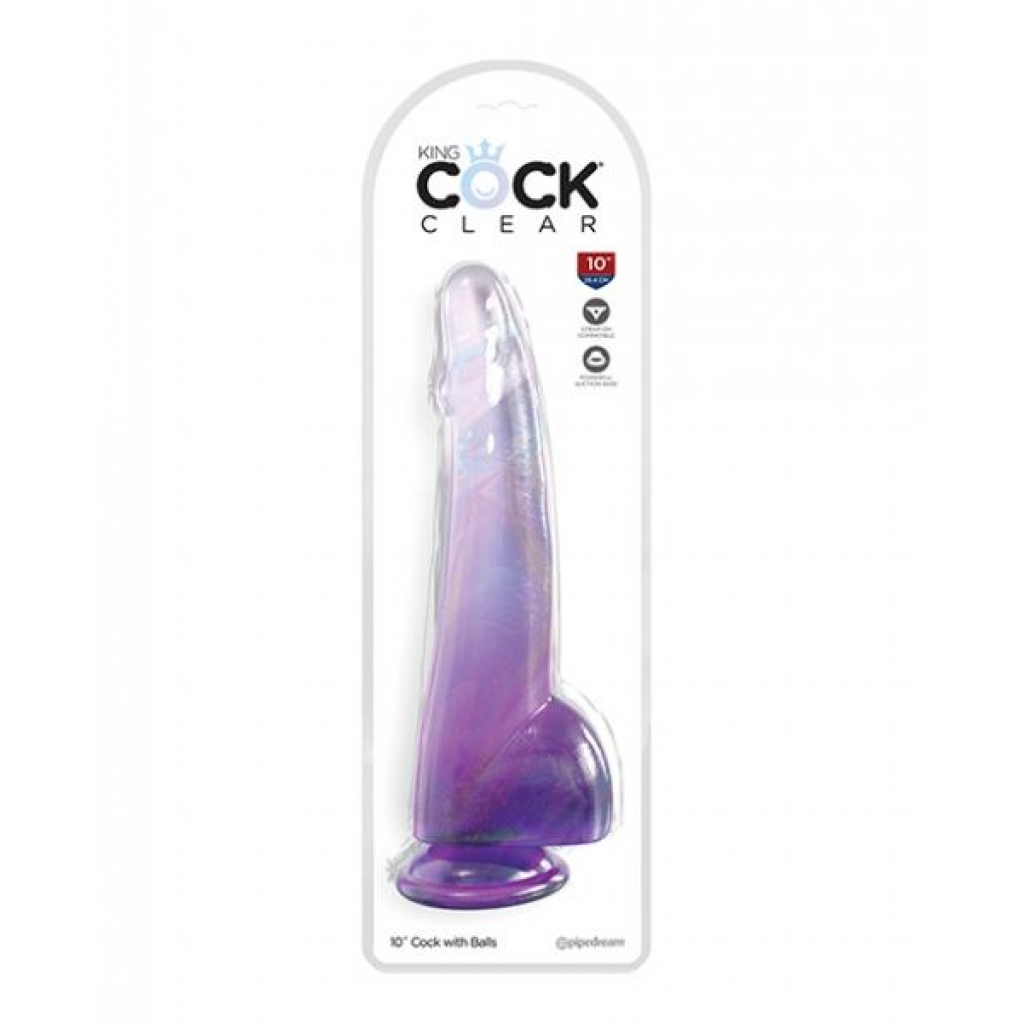 King Cock Clear 10in W/ Balls Purple - Pipedream Products