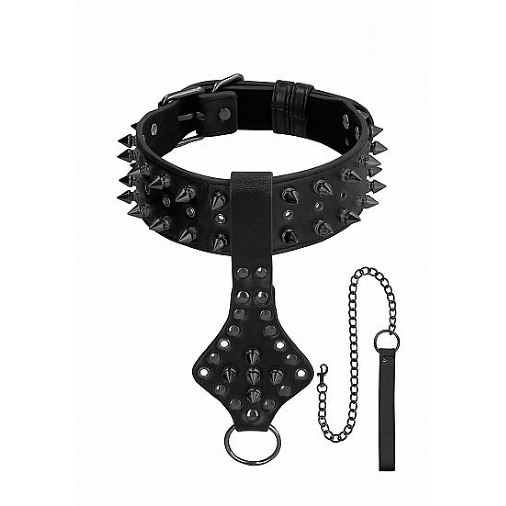 Ouch! Skulls & Bones Neck Chain with Spikes And Leash Black - Shots Toys