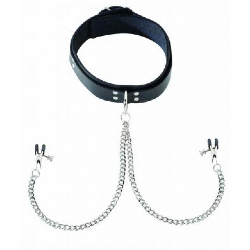Black Leather Collar With Broad Tip Nipple Clamps - Spartacus