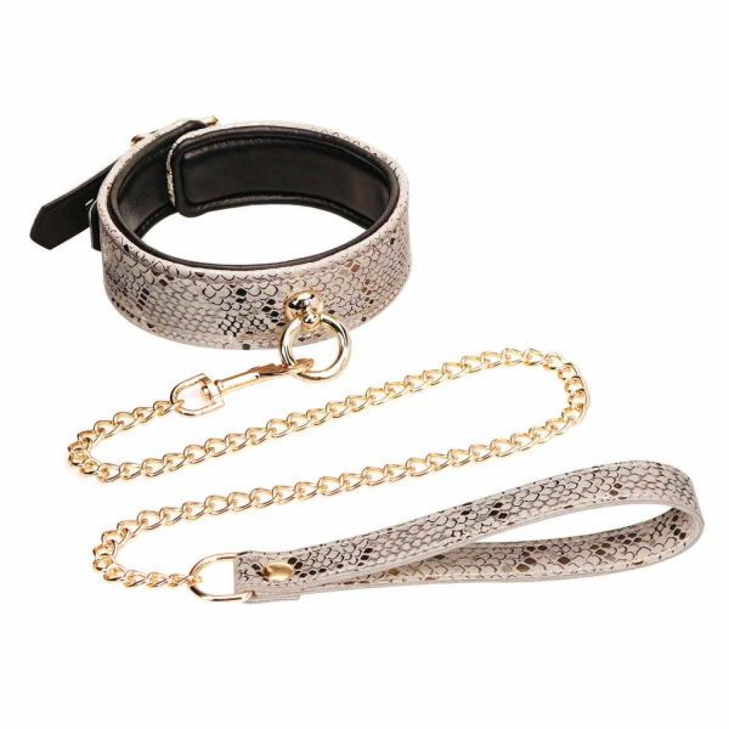 Microfiber Snake Print Collar & Leash White W Leather Lining - Spartacus