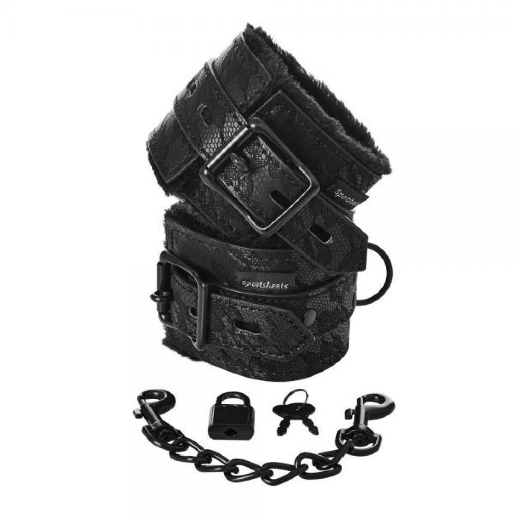 Sincerely Lace Fur Lined Handcuffs Black - Sportsheets