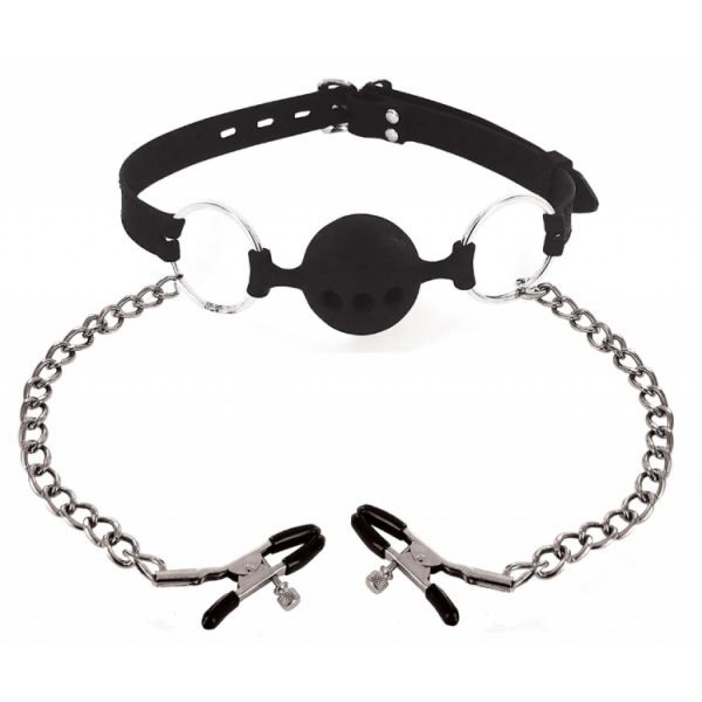 Hinder Breathable Silicone Ball Gag With Nipple Clamps - Xr Brands