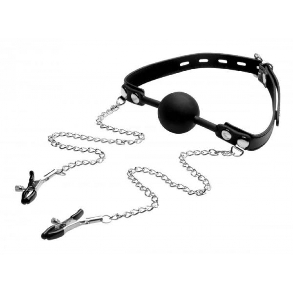 Strict Silicone Ball Gag with Nipple Clamps Black - Xr Brands