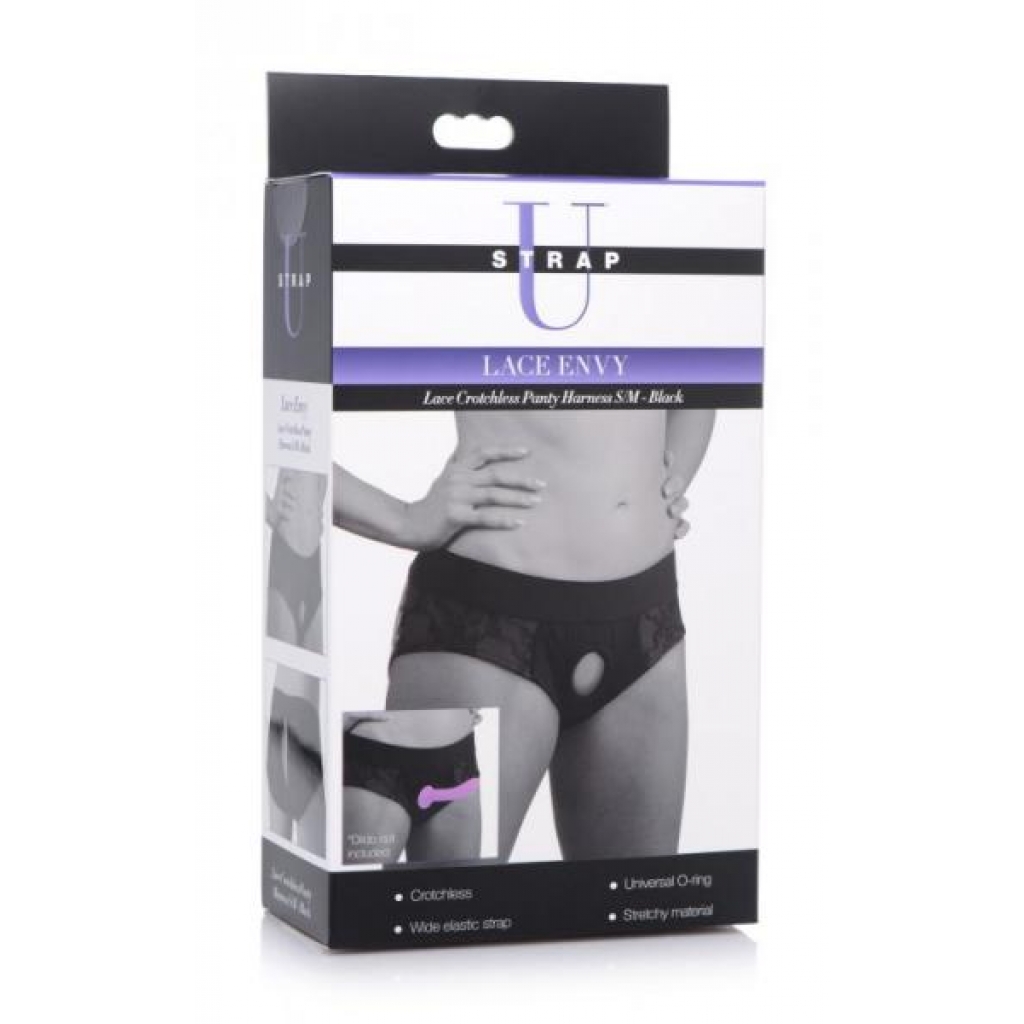 Strap U Lace Envy Crotchless Panty Harness Black S/m - Xr Brands